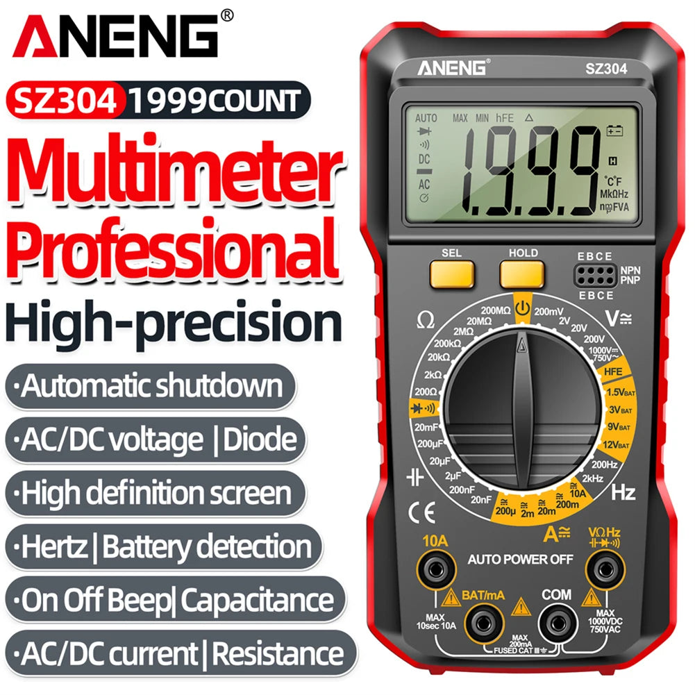 Digital Multimeter Votage Current Ohm Test Tool Large Screen Voltage Detector Auto-Ranging 2000 Counts Handheld Electrical Tools