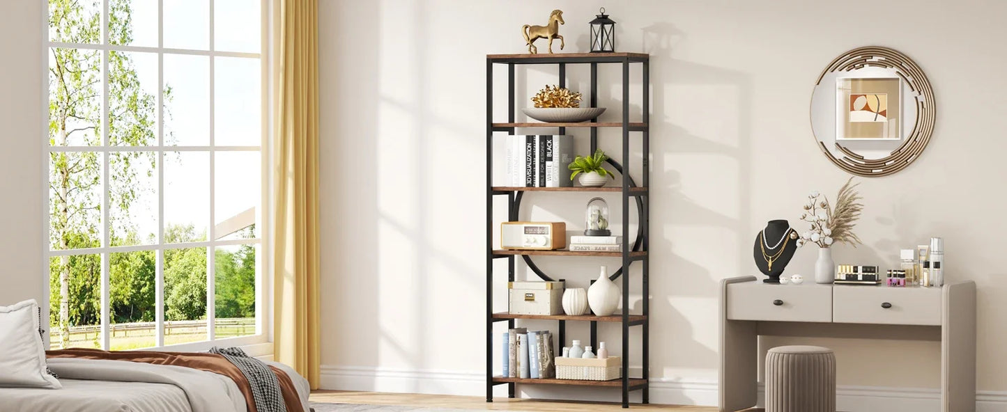 Tribesigns Industrial Bookshelf, Tall Bookcase with Open Shelves, Wood and Metal Display Shelf Storage Shelves