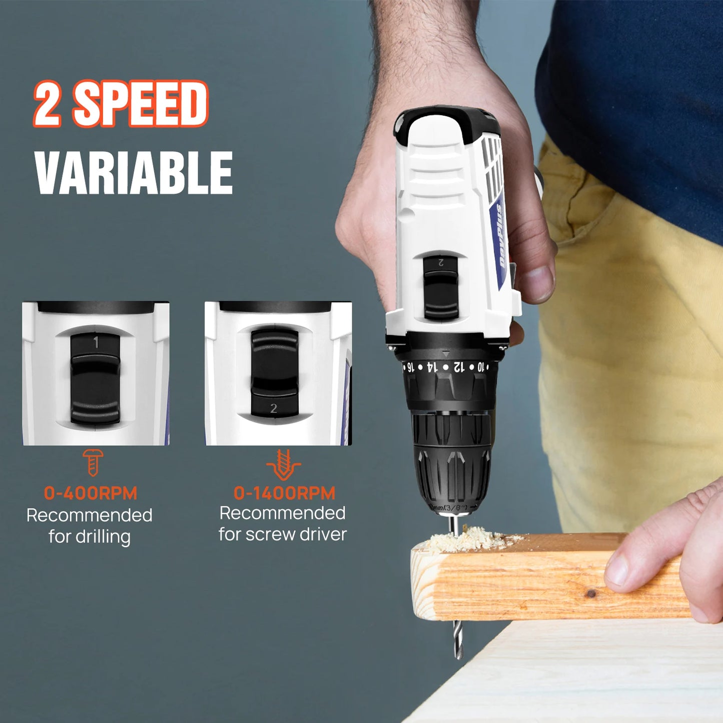 DayPlus 16.8V Mini Cordless Drill Driver Kit, 3/8" Chuck 45Nm Electric Screwdriver Driver with LED Light, 18+1 Torque, 2 Speed