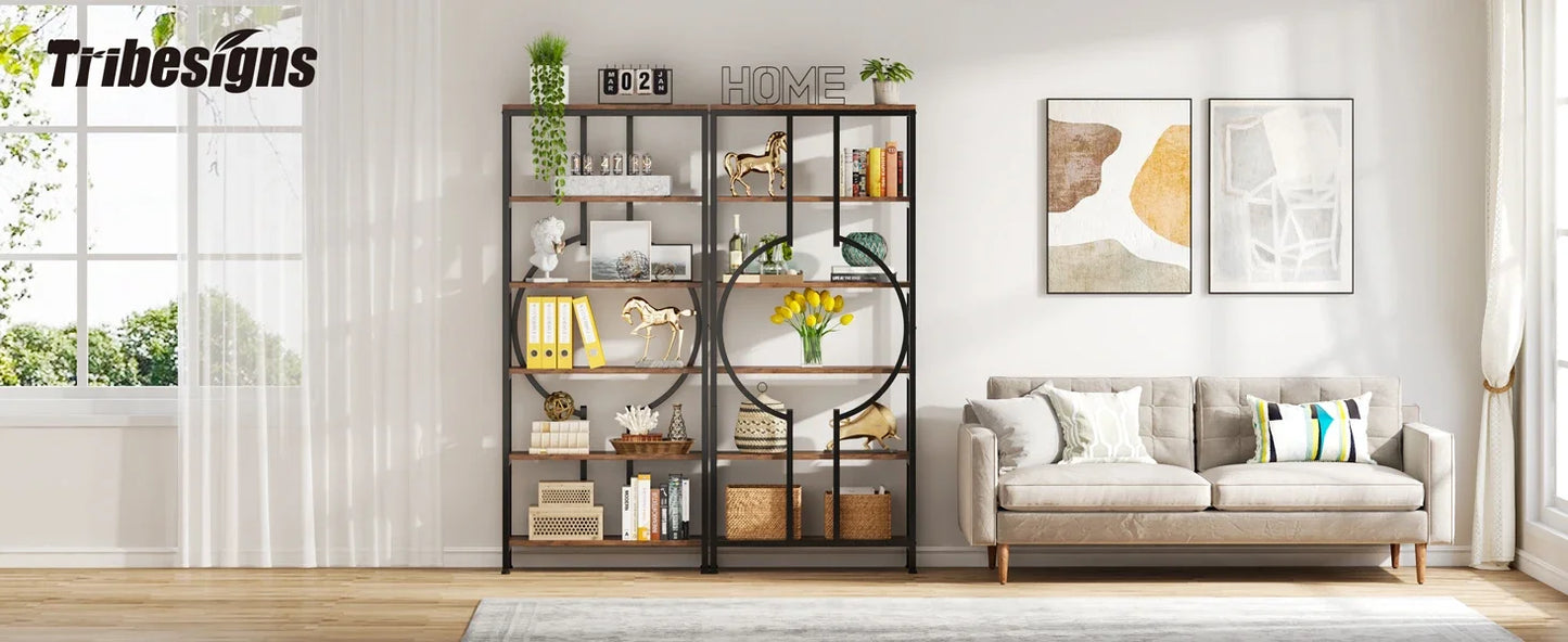 Tribesigns Industrial Bookshelf, Tall Bookcase with Open Shelves, Wood and Metal Display Shelf Storage Shelves