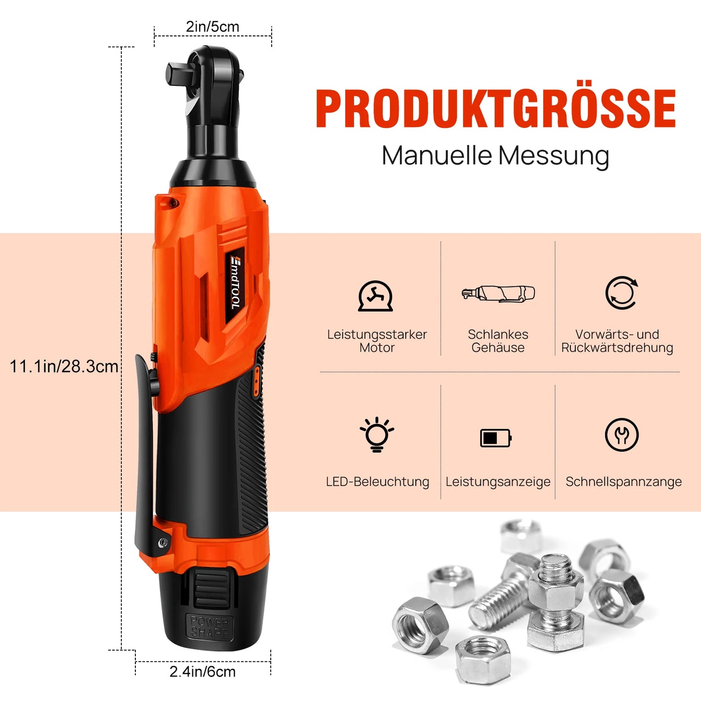 EMDTOOL 3/8 Cordless Right Angle Electric Ratchet Wrench 200N m Torque LED Work Light 7pcs Sockets Set 2 Batteries Included