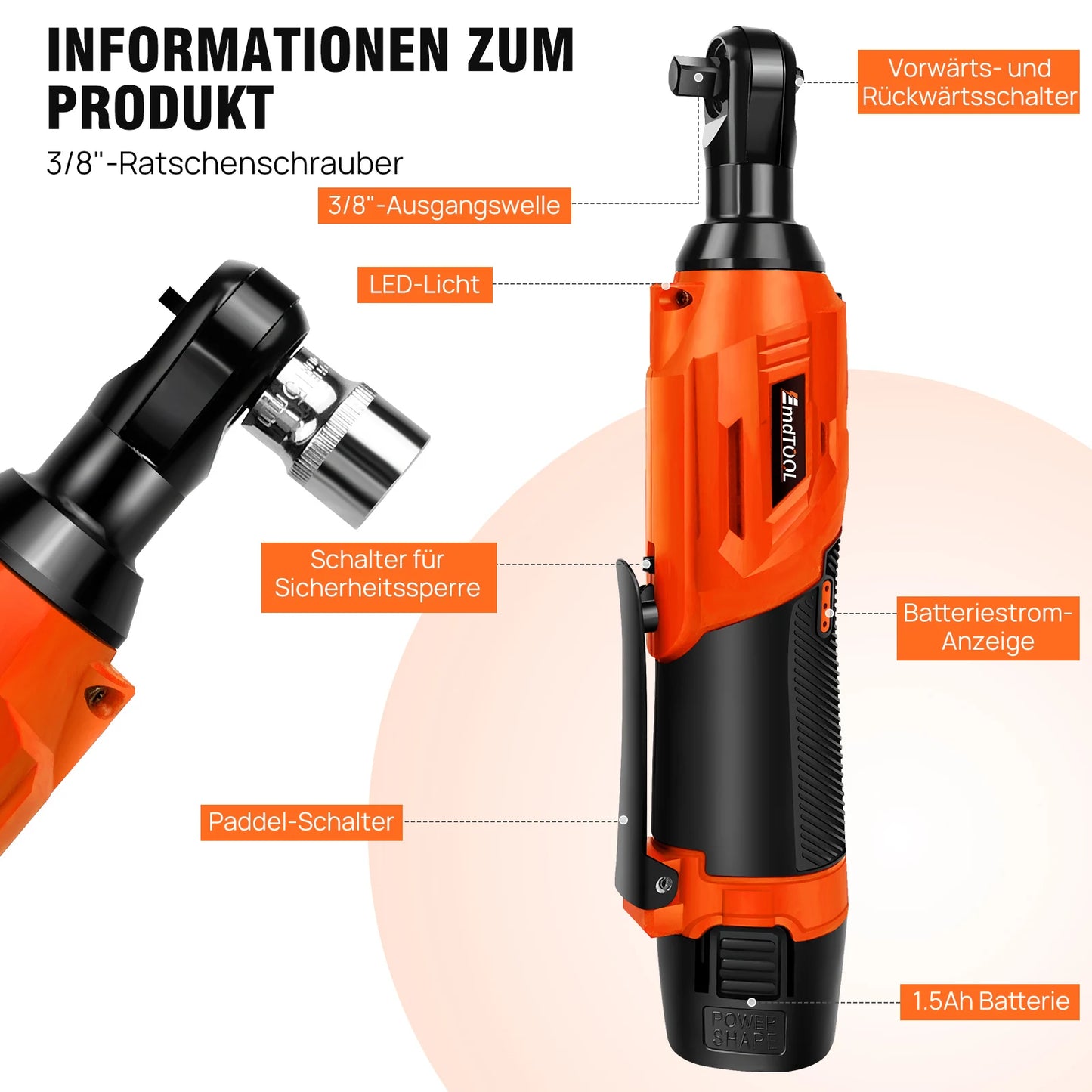 EMDTOOL 3/8 Cordless Right Angle Electric Ratchet Wrench 200N m Torque LED Work Light 7pcs Sockets Set 2 Batteries Included