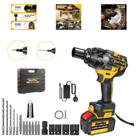 High Torque Impact Wrench Electric Cordless Driver Car Repair Wheel Nut Gun Set With Battery