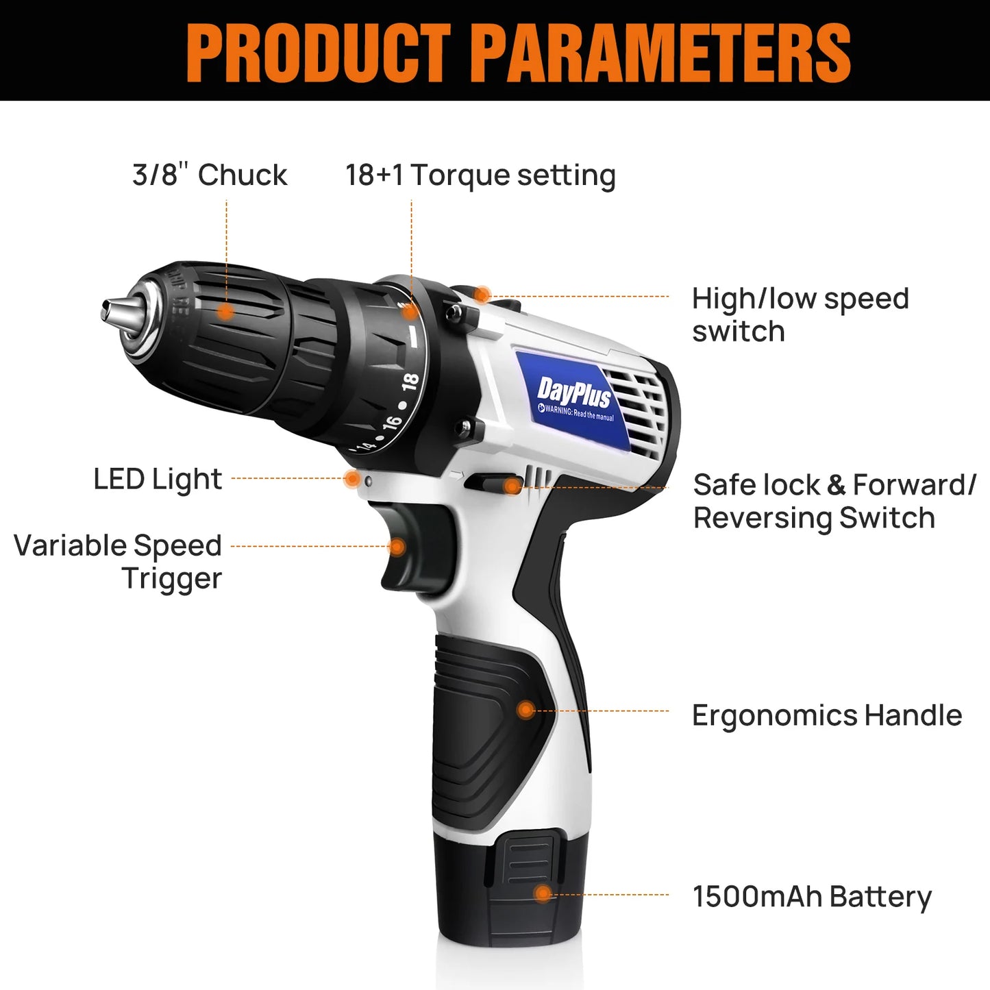 DayPlus 16.8V Mini Cordless Drill Driver Kit, 3/8" Chuck 45Nm Electric Screwdriver Driver with LED Light, 18+1 Torque, 2 Speed