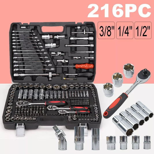 216PCS Professional Tool Box  Socket Set 1/2" 1/4" 3/8" Wrench Tool Home Repair Set with Black Box