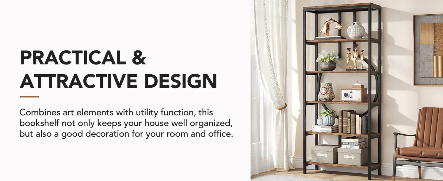 Tribesigns Industrial Bookshelf, Tall Bookcase with Open Shelves, Wood and Metal Display Shelf Storage Shelves