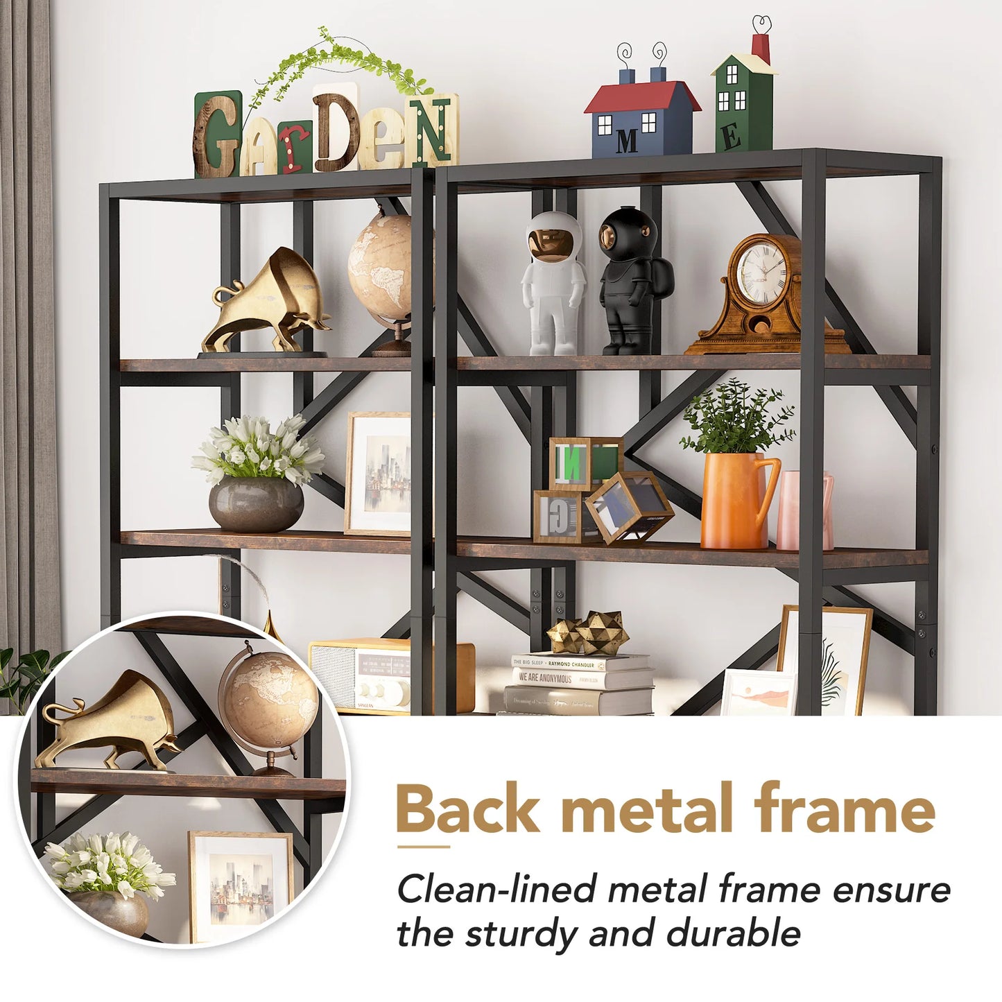 Tribesigns Industrial Bookshelf, Tall Bookcase with Open Shelves, Wood and Metal Display Shelf Storage Shelves