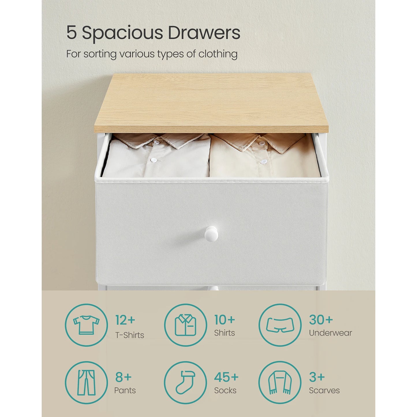 Chest of Drawers Bedroom, Drawer Storage Unit, Dresser with 5 Fabric Drawers, Metal Frame, Tall and Slim, for Closet