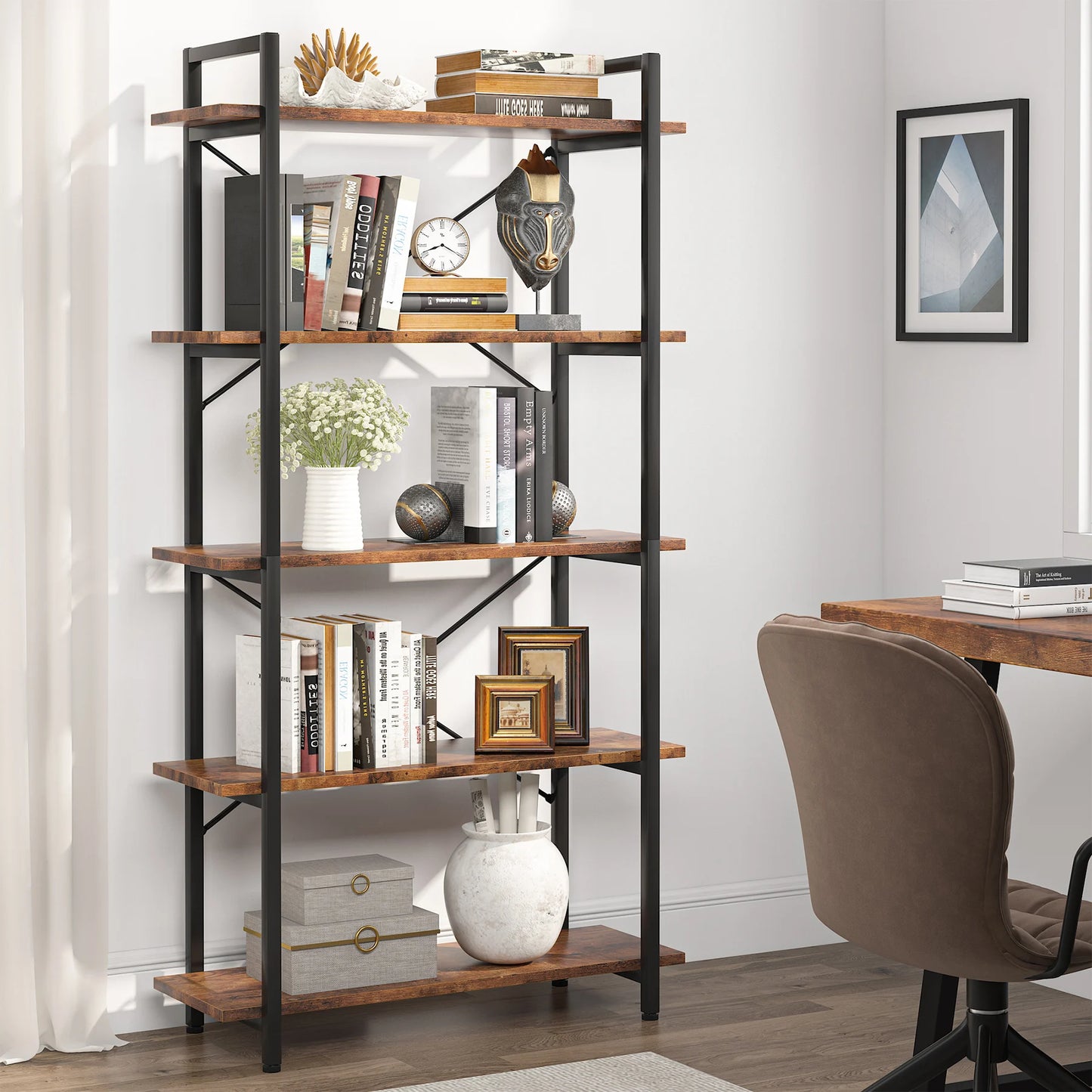 Tribesigns Industrial Bookshelf, Tall Bookcase with Open Shelves, Wood and Metal Display Shelf Storage Shelves