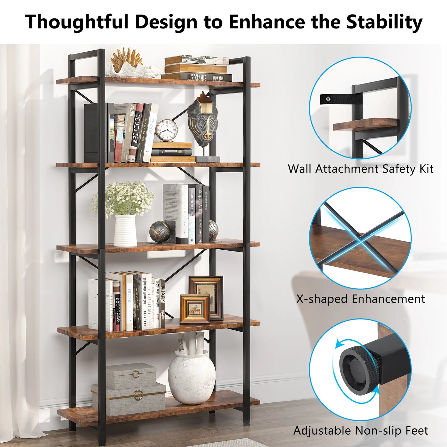 Tribesigns Industrial Bookshelf, Tall Bookcase with Open Shelves, Wood and Metal Display Shelf Storage Shelves