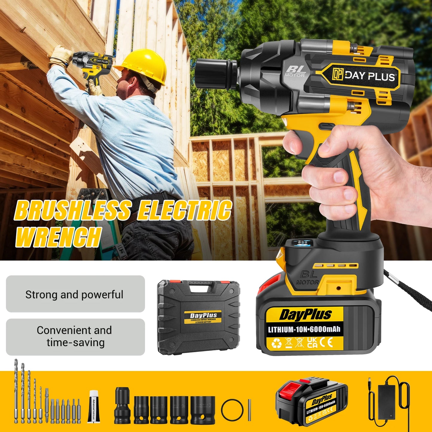 High Torque Impact Wrench Electric Cordless Driver Car Repair Wheel Nut Gun Set With Battery