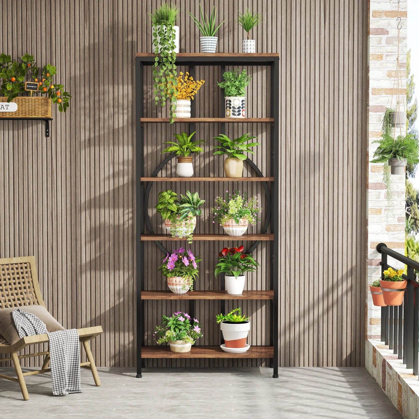 Tribesigns Industrial Bookshelf, Tall Bookcase with Open Shelves, Wood and Metal Display Shelf Storage Shelves