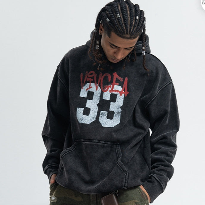 New Retro Digital Printing Washed Old Hooded Fleece Lined Sweater Men
