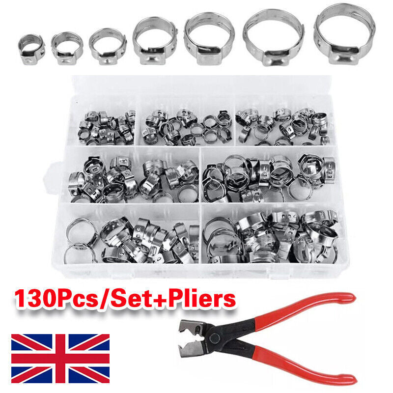 130x Single Ear Hose Clamps Assorted Stainless Steel O Fuel Pipe Clip Hose Plier