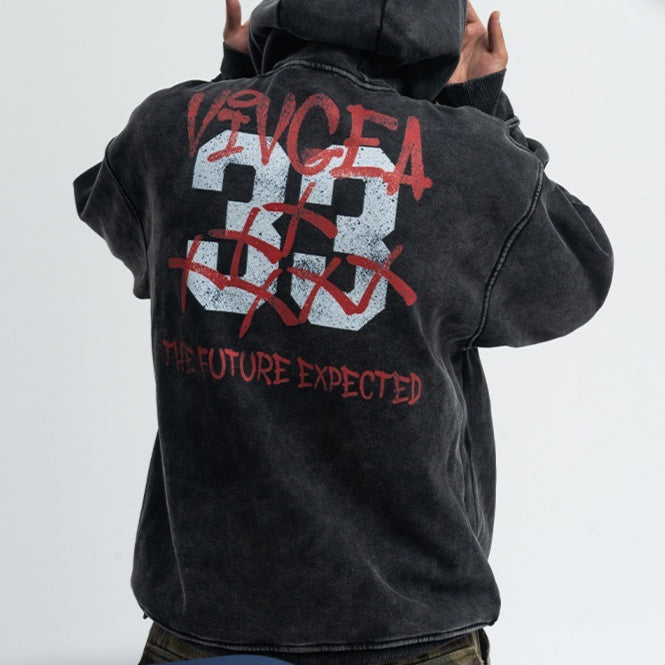 New Retro Digital Printing Washed Old Hooded Fleece Lined Sweater Men