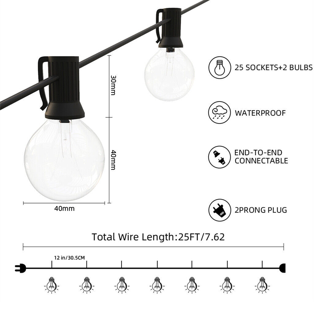 25-50FT Outdoor Festoon Globe String Fairy Lights G40 Bulbs Garden Wedding Home