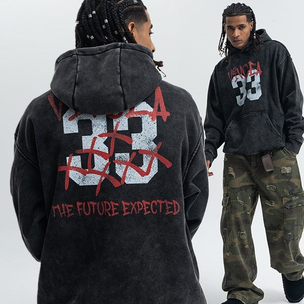 New Retro Digital Printing Washed Old Hooded Fleece Lined Sweater Men