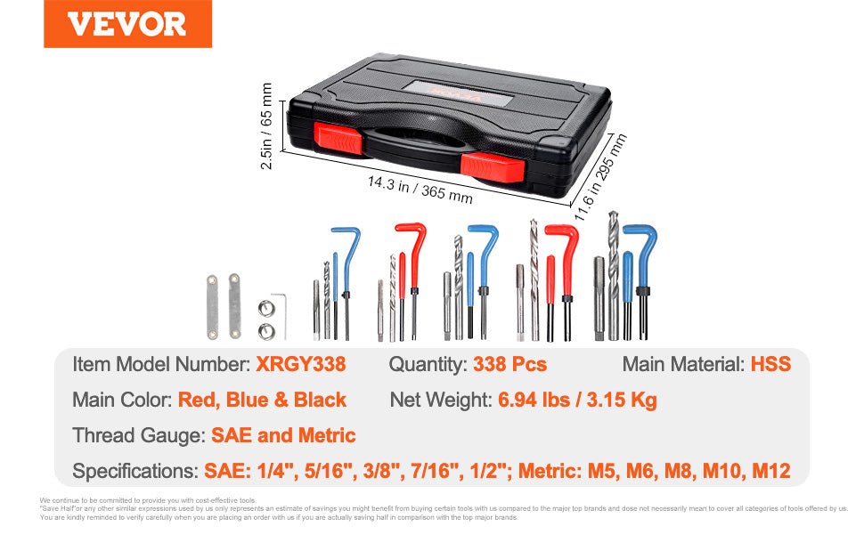 VEVOR Helicoil Thread Repair Kit SAE and Metric Rethreading Tool Kit HSS Drill Bits Thread Inserts Breakoff Installation Tools