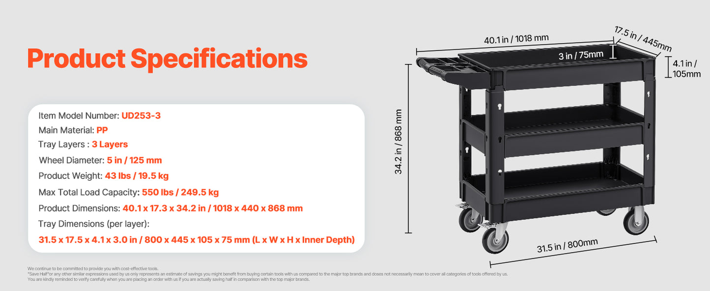 VEVOR 2/3 Shelf Utility Service Cart Heavy Duty with 360° Swivel Wheels Ergonomic Storage Handle for Warehouse/Garage/Cleaning