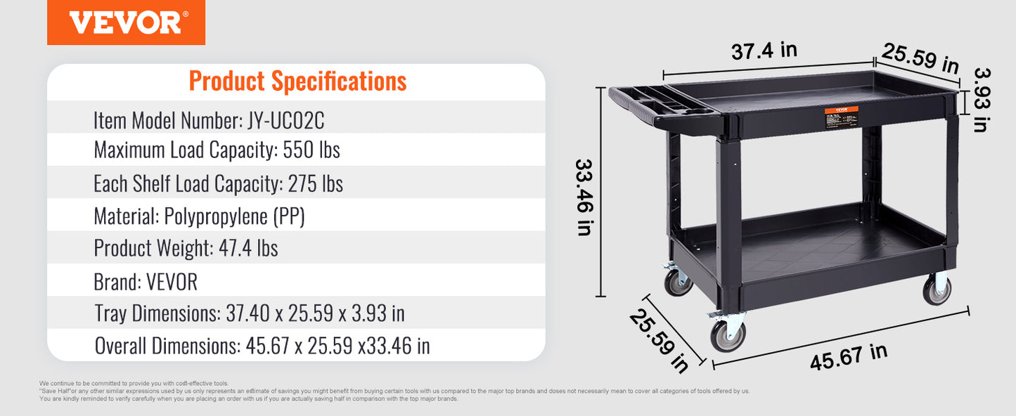 VEVOR 2/3 Shelf Utility Service Cart Heavy Duty with 360° Swivel Wheels Ergonomic Storage Handle for Warehouse/Garage/Cleaning