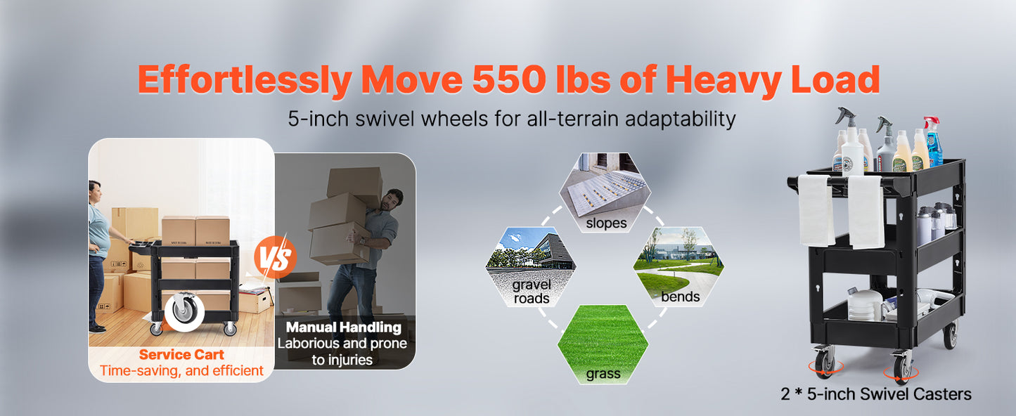 VEVOR 2/3 Shelf Utility Service Cart Heavy Duty with 360° Swivel Wheels Ergonomic Storage Handle for Warehouse/Garage/Cleaning