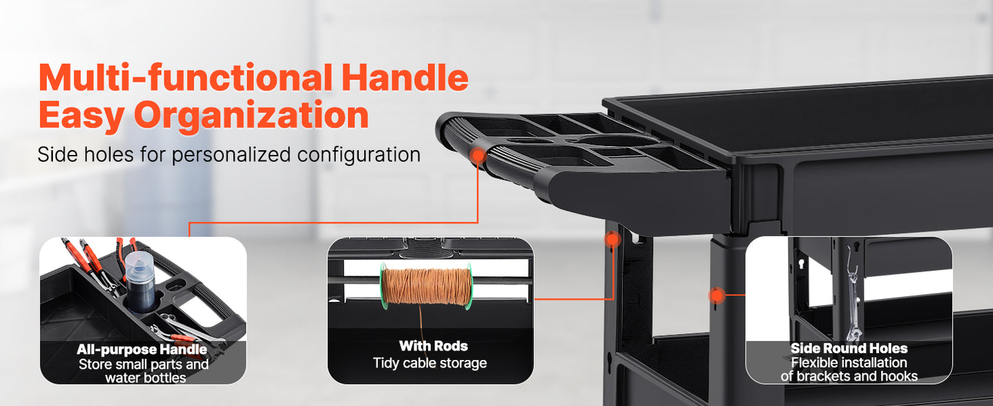 VEVOR 2/3 Shelf Utility Service Cart Heavy Duty with 360° Swivel Wheels Ergonomic Storage Handle for Warehouse/Garage/Cleaning